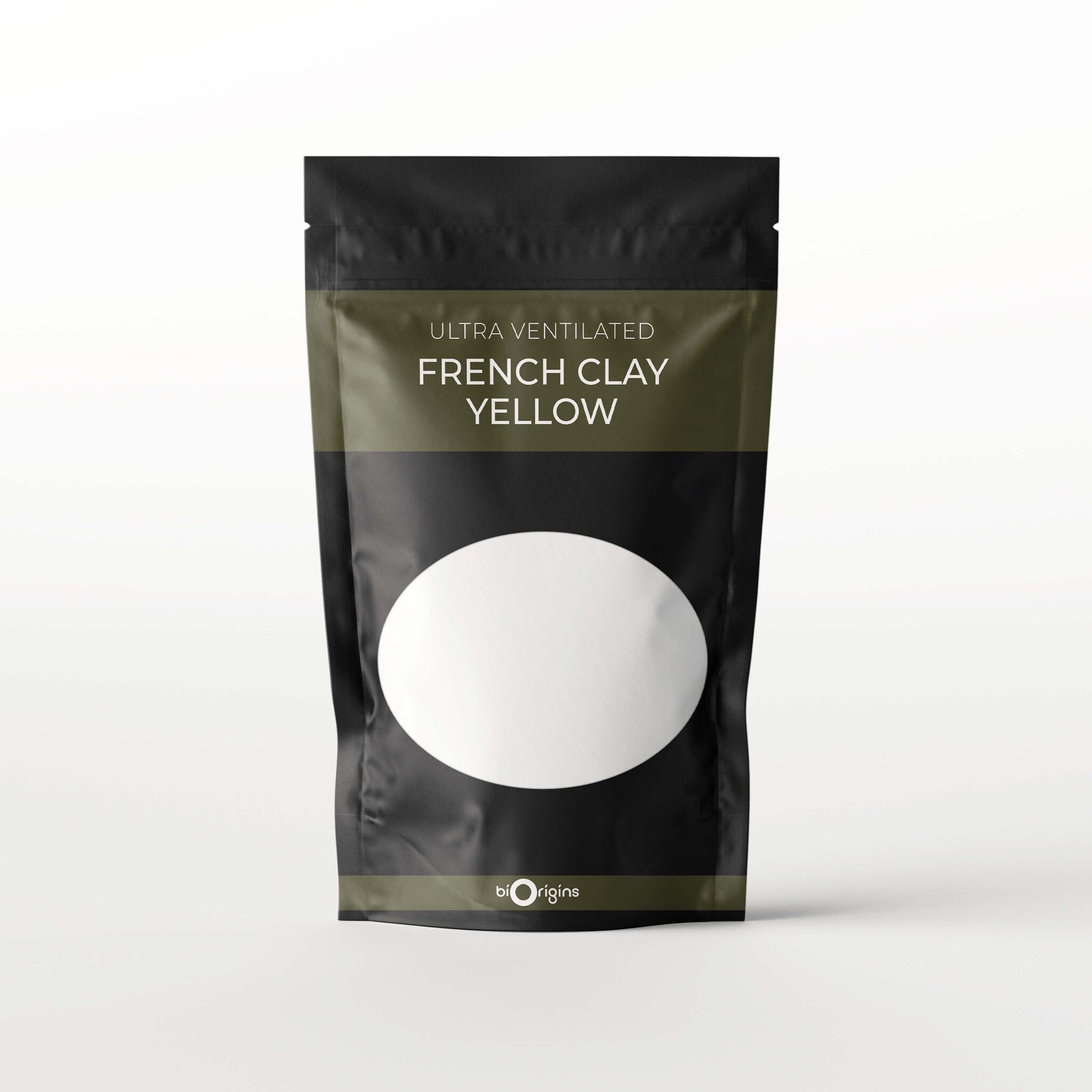 French clay yellow bag, black pouch with white oval, Argiletz product packaging