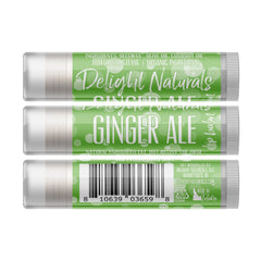 Lip balm tubes with green and white labels, Delight Naturals Ginger Ale flavor, with barcode