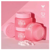 Cleansing balm pink jars with white text, heart-shaped lid, and white balm visible