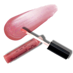 Lip gloss with peach shimmer, applicator, and Simple Glow branding