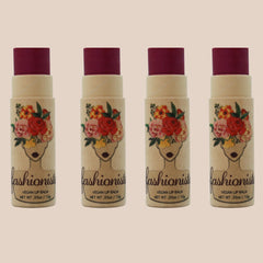 Lip balm sticks with maroon tops, floral design, and "fashionist" text on the beige tubes