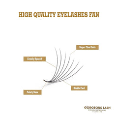 Eyelash fan with black strands, pointy base, and evenly spaced design, Gorgeous Lash brand