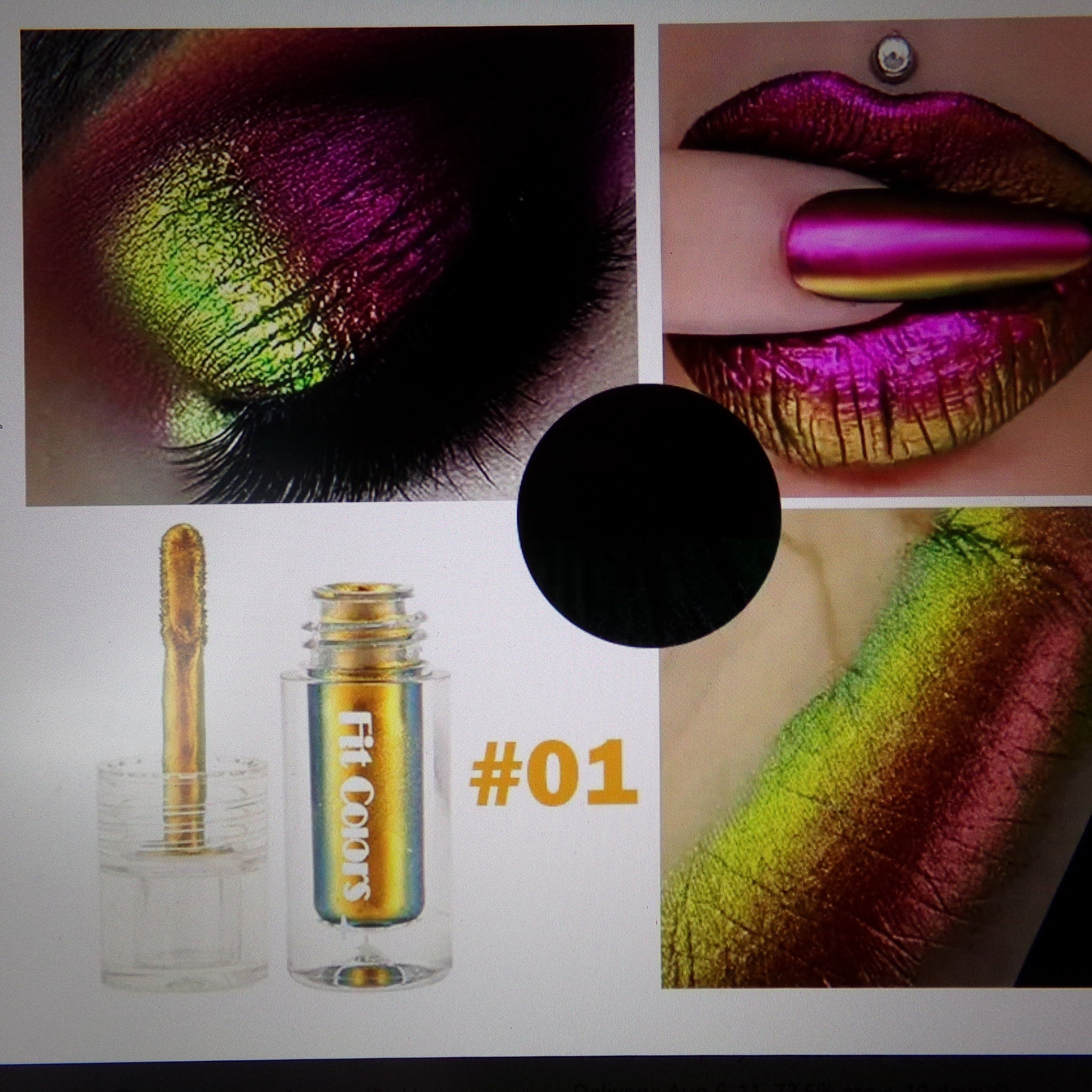 Handmade eyeshadow and lip color set in vibrant shades with matching compact and tube packaging