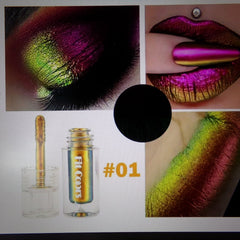 Handmade eyeshadow and lip color set in vibrant shades with matching compact and tube packaging