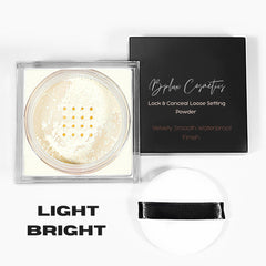 Loose setting powder in a clear container with a white powder and a black box with BPLUX Cosmetics branding