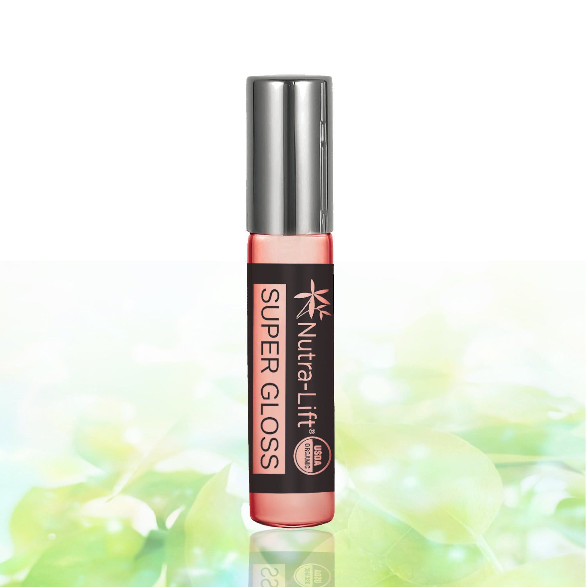 Lip gloss tube with silver cap, pink gloss, and Nutra-Lift brand text