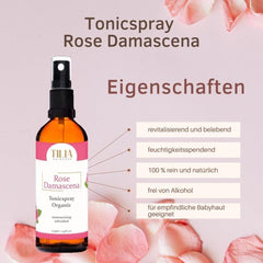 Tonic spray bottle with brown glass, black pump, and pink label, TILIA skincare brand