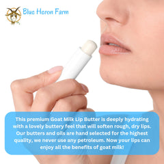 Lip balm white tube being applied to lips, Blue Heron Farm branding visible