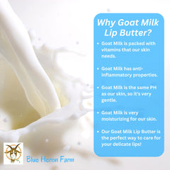 Goat milk product image with white liquid splash, blue text box, and Blue Heron Farm logo