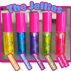 Lipgloss tubes with pink caps and colorful liquid, Chlora Bella brand name visible