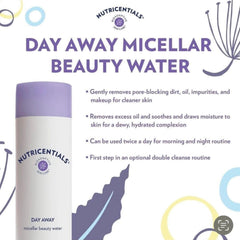 Micellar beauty water bottle with purple cap, white body, and Nutricentials brand text