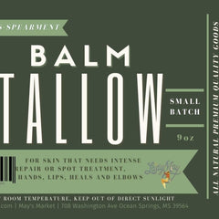 Balm Tallow product label with green and white text, Lady May logo, for skin treatment
