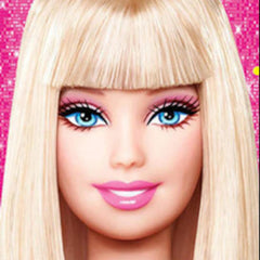 Doll face with blonde hair, blue eyes, and pink lipstick and eyeshadow.