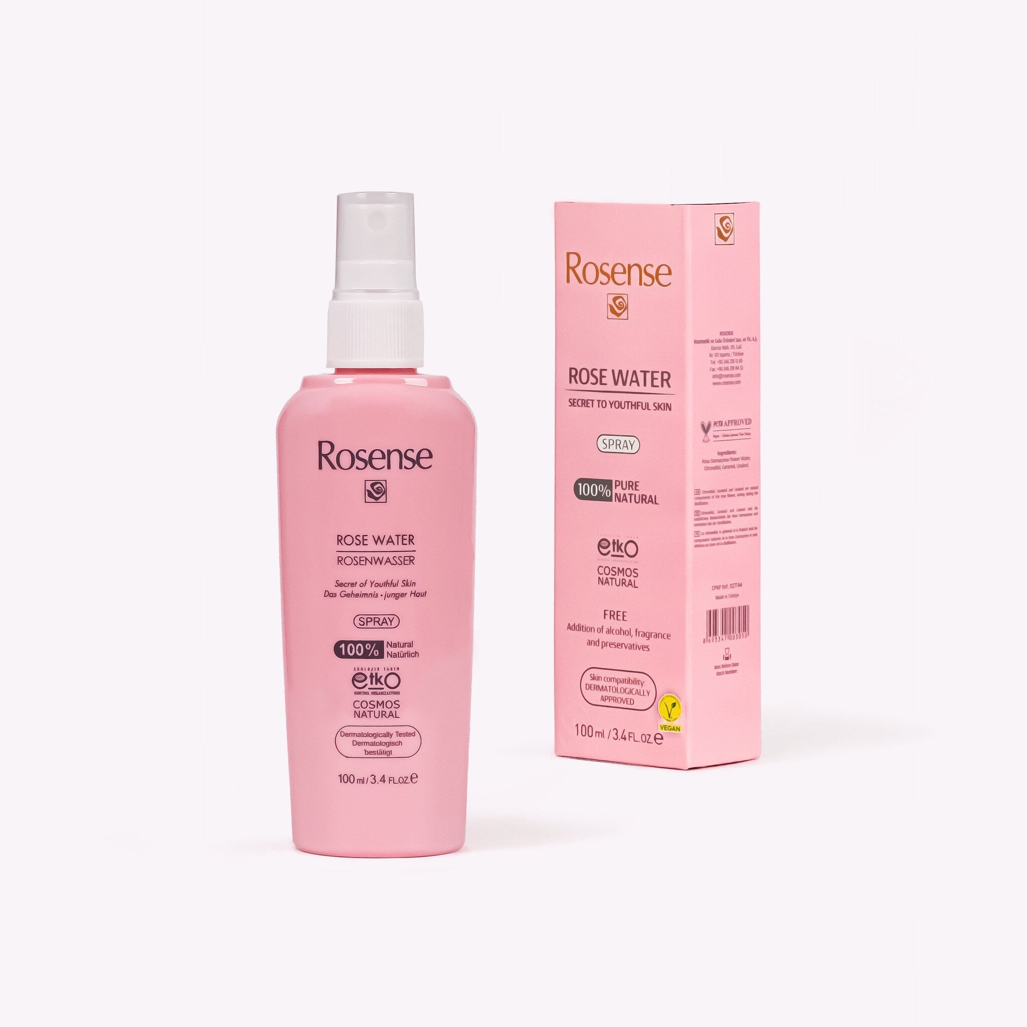 Toner: Pink Rosense rose water spray bottle and box, white spray nozzle