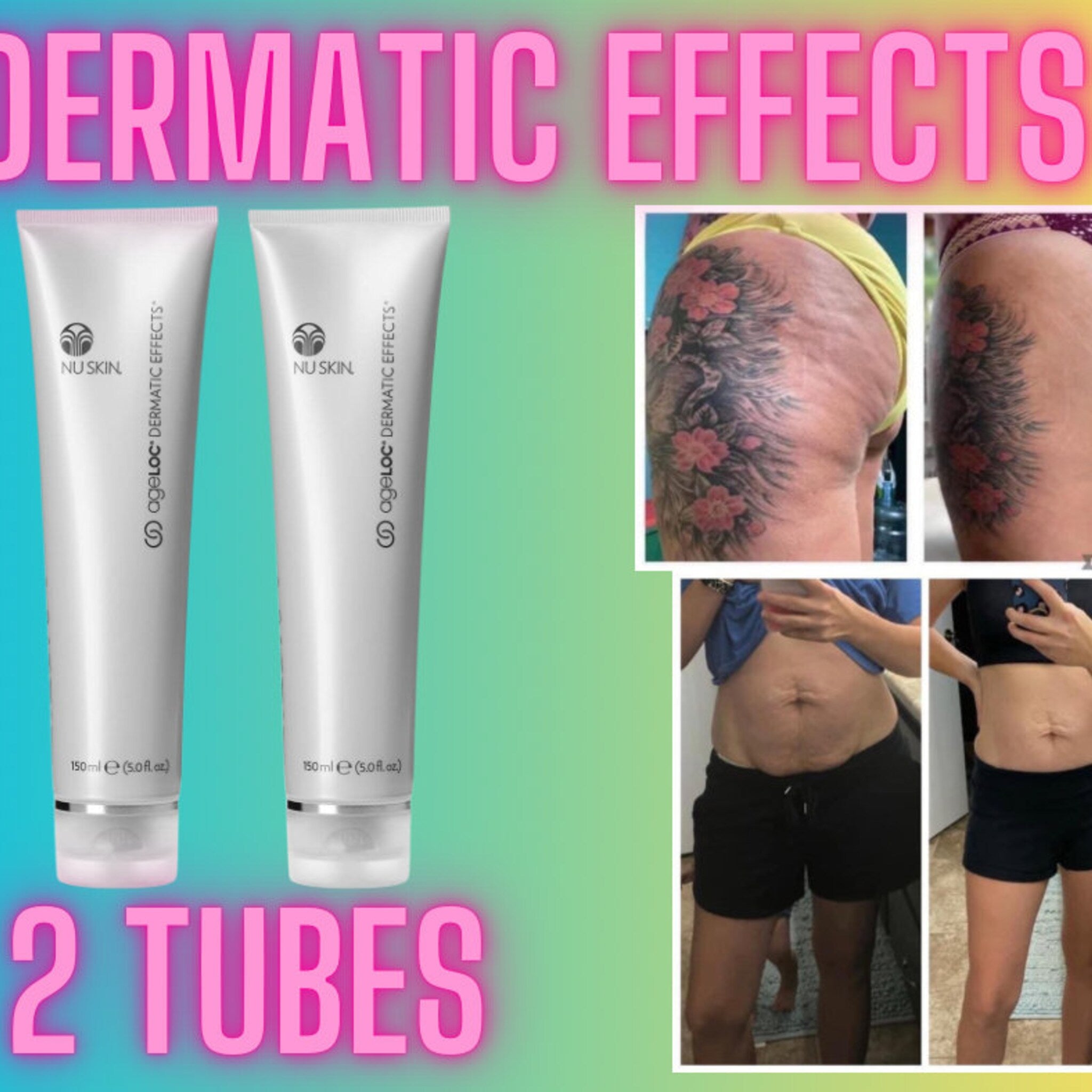 Cellulite lotion, two white tubes, silver accents, "ageLOC Dermatic Effects" text visible, with before/after photos