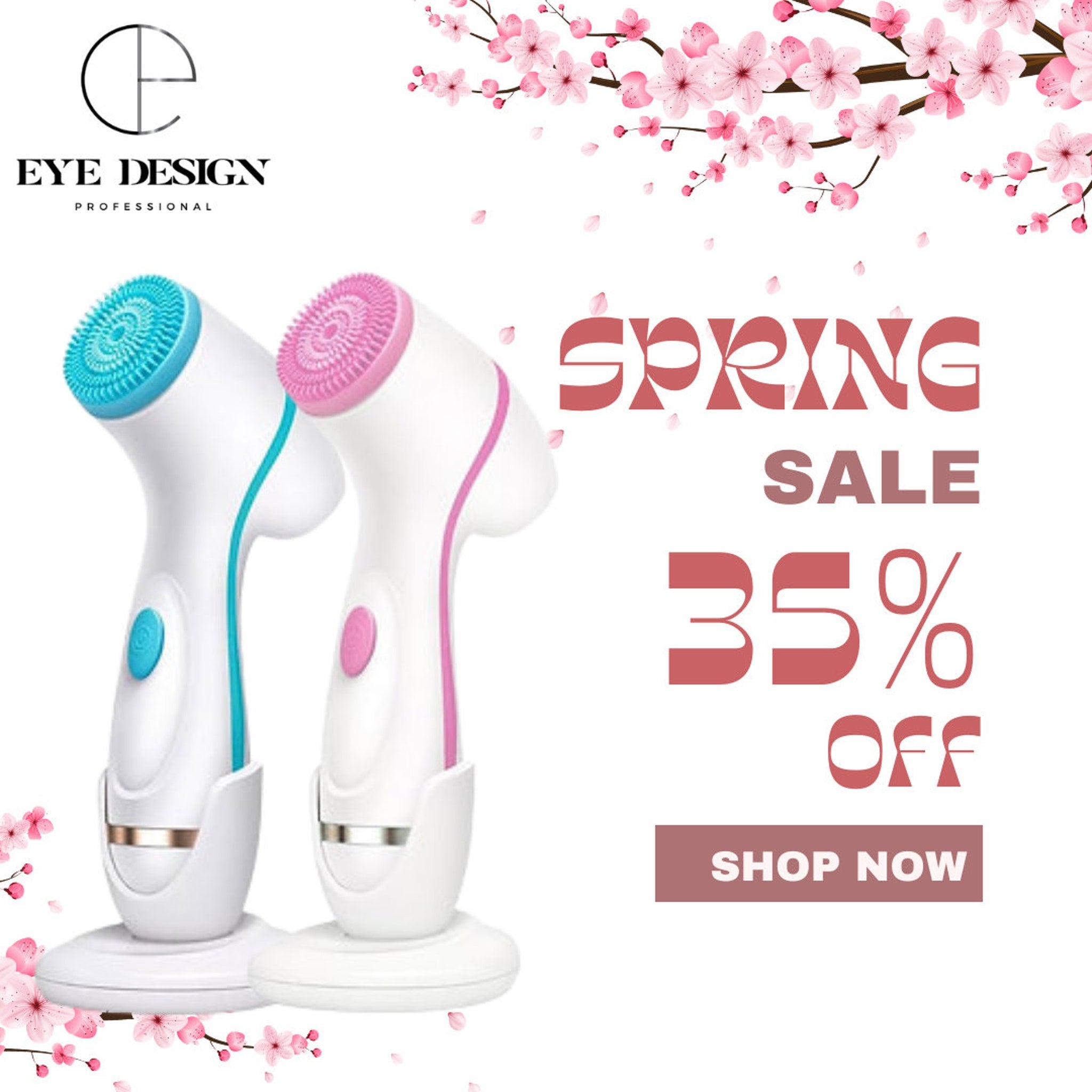 White and silver electric facial cleanser device with three brush heads on a clean pink background