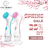 White and silver electric facial cleanser device with three brush heads on a clean pink background