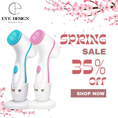 White and silver electric facial cleanser device with three brush heads on a clean pink background