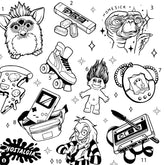 Set of four nostalgic 90s cartoon tattoo stencils with skin-safe adhesive, arranged on clean white background