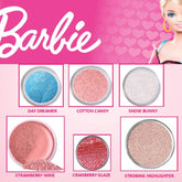 Eye shadow kit with pink Barbie logo, sparkly eyeshadow colors, and a Barbie doll image