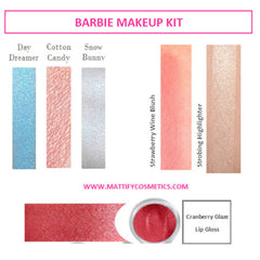 Makeup kit swatches with blue, pink, and silver colors, plus red lip gloss, from Mattify Cosmetics