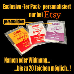 Personalized patches in clear plastic packaging with yellow, red, and purple cards, Etsy branding visible