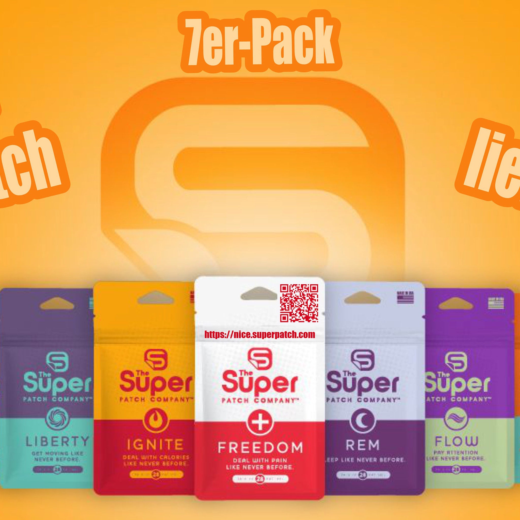Health care patches in various colors, SUPERPATCH branding visible, 7-pack zip bag design
