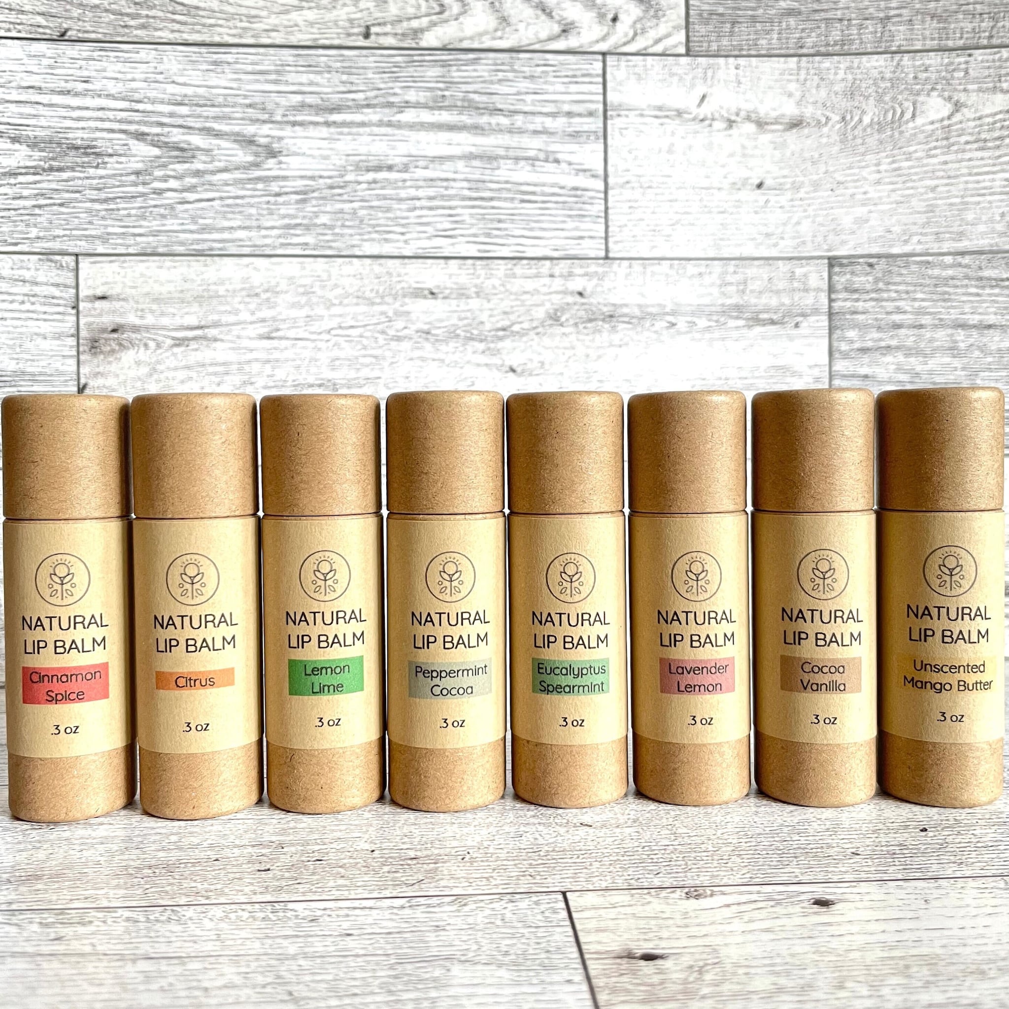 Natural lip balm tubes, brown cardboard, colorful flavor labels, Kind Home & Beauty Co.