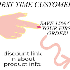 First order discount announcement with pink hand, arrow, and text on white background