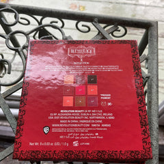 Shadow palette with red background, black lace pattern, and Beetlejuice text.