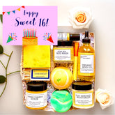 Bath and body gift set with yellow, green, and black containers, Nizzy Naturals brand, for a birthday