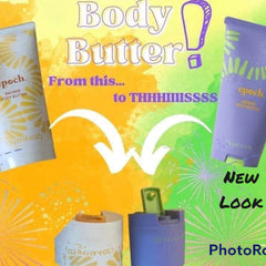 Close-up of Epoch Body Butter tube with chic minimalist design, showcasing rich cream texture and golden accents