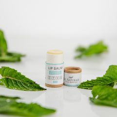 Lip balm tubes with white and brown paper, mint leaves, JNL Naturals brand