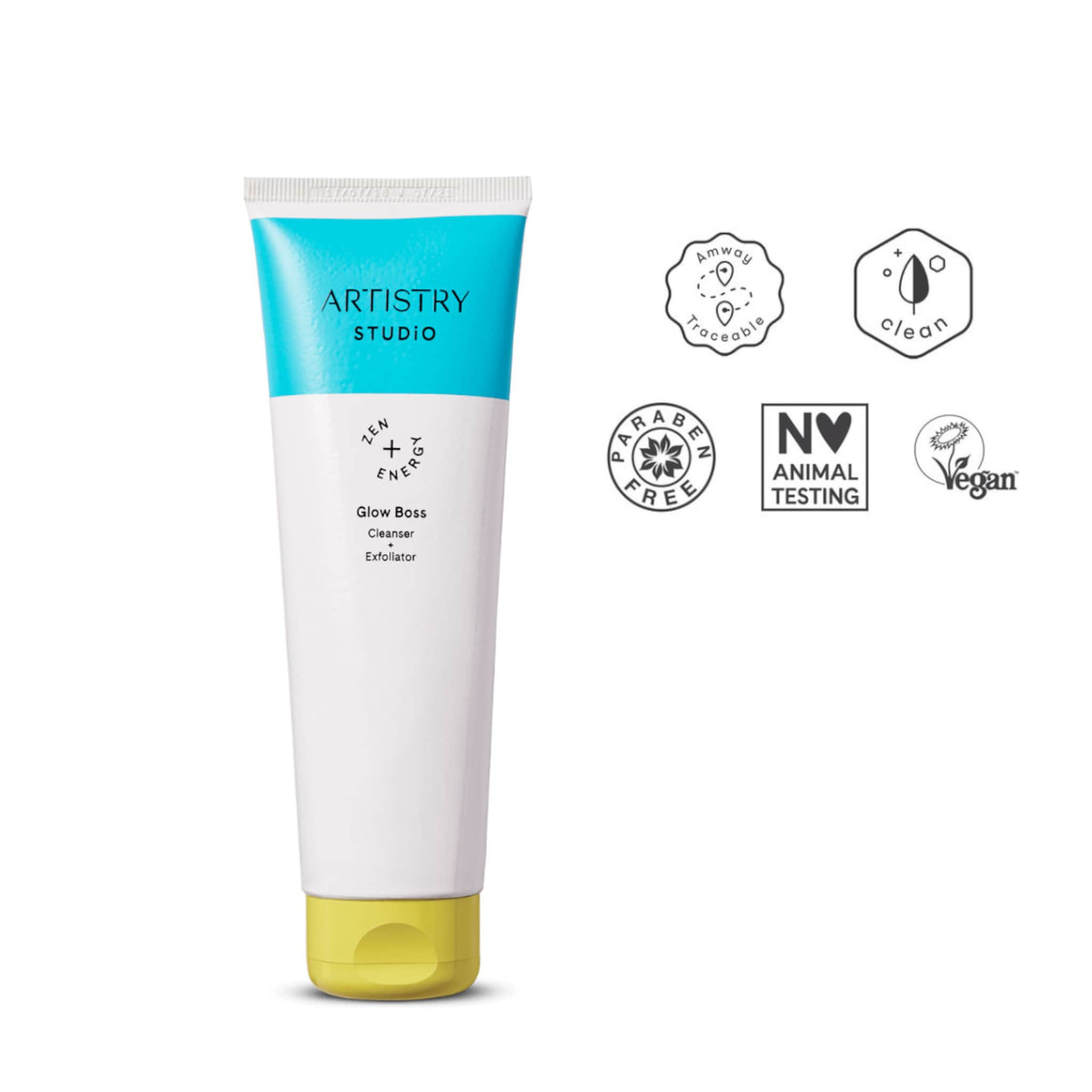 Facial cleanser tube with blue, white, and yellow color scheme, Artistry Studio branding visible.