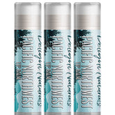 Lip balm three pack with white, teal, and silver design, Delight Naturals branding visible