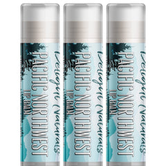 Lip balm three pack with white, teal, and silver design, Delight Naturals branding visible