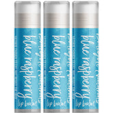 Lip balm three pack with blue and white labels, Delight Naturals branding visible