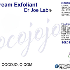 Cream Exfoliant product label with blue text, white background, and Cocojojo logo