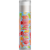 Lip balm tube with blue background, gummy bear pattern, and Delight Naturals text