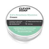 Face moisturizer cream in a silver metal container with Clever Soap branding and green text