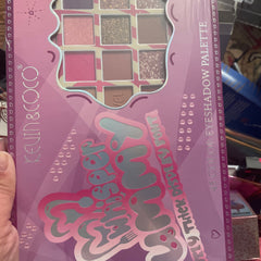 Eyeshadow palette with pink, glitter, and brown shades, "KEVIN & COCO" brand name visible on packaging