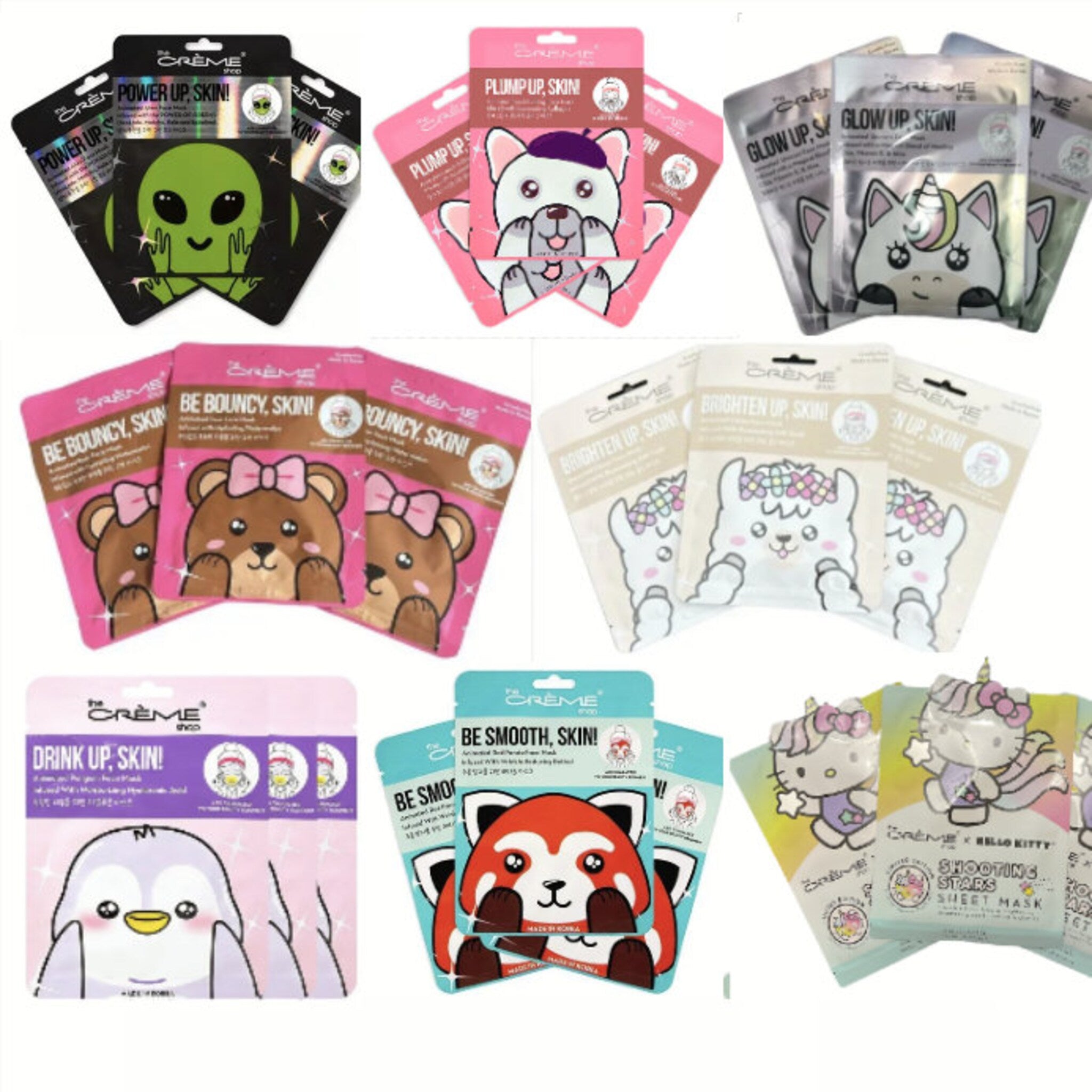 Three animated face masks in vibrant packaging, showcasing a custom skincare set with playful designs