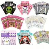 Three animated face masks in vibrant packaging, showcasing a custom skincare set with playful designs