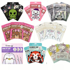Three animated face masks in vibrant packaging, showcasing a custom skincare set with playful designs