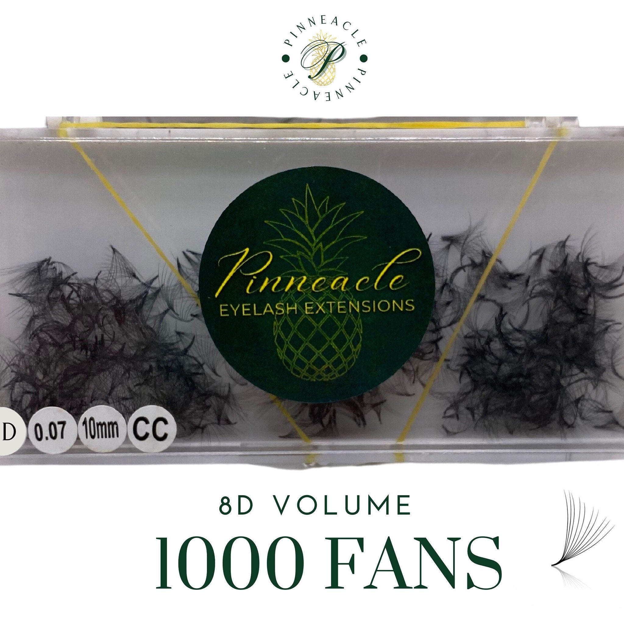 False eyelash extensions, black fans in clear container, Pinnacle brand logo