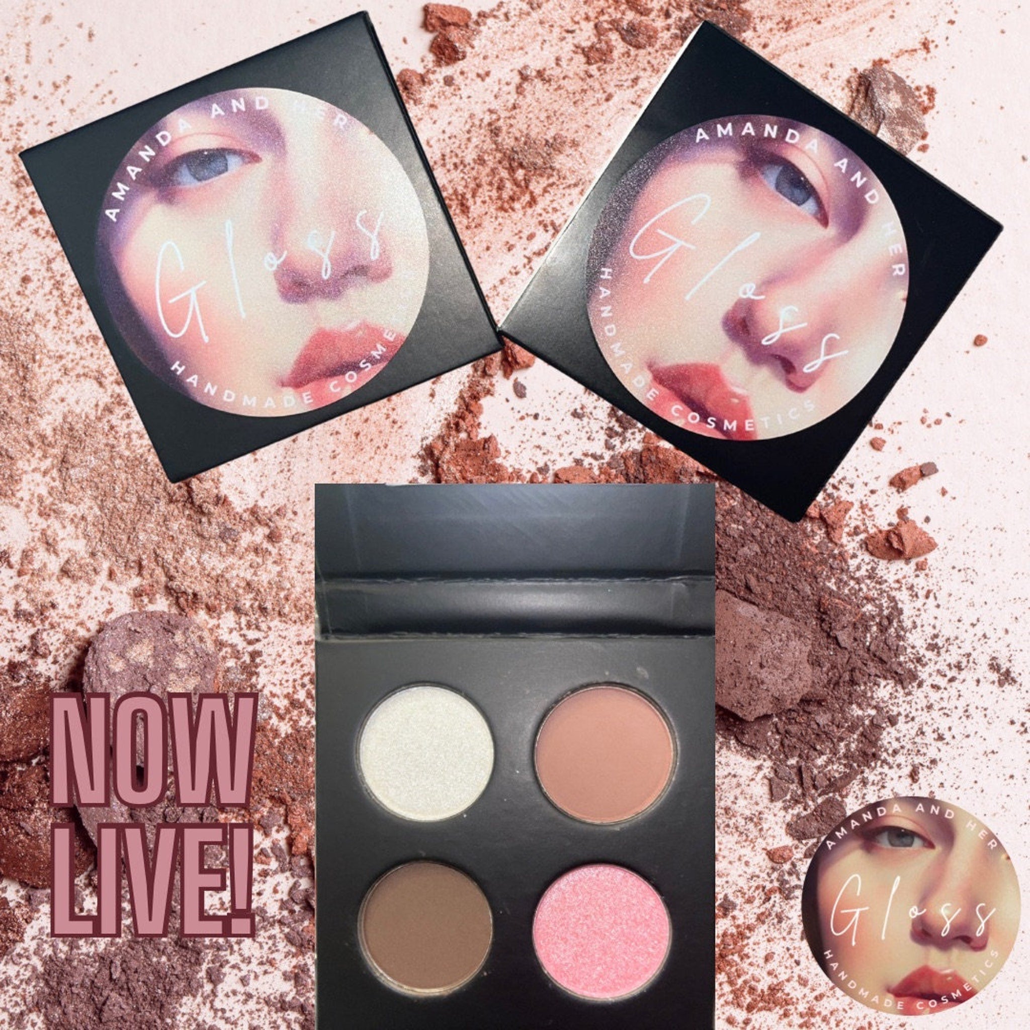 Square black plastic eyeshadow palette with four vibrant shades: peach, gold, bronze, and deep brown