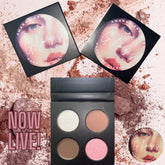 Square black plastic eyeshadow palette with four vibrant shades: peach, gold, bronze, and deep brown