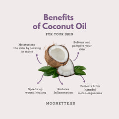 Coconut oil benefits diagram with brown coconut, green leaves, and text, Moonette logo at bottom