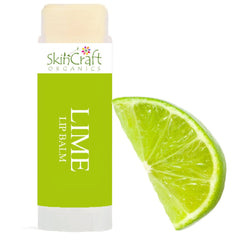 Lip balm tube with lime slice, green and white packaging, SkinCraft Organics brand