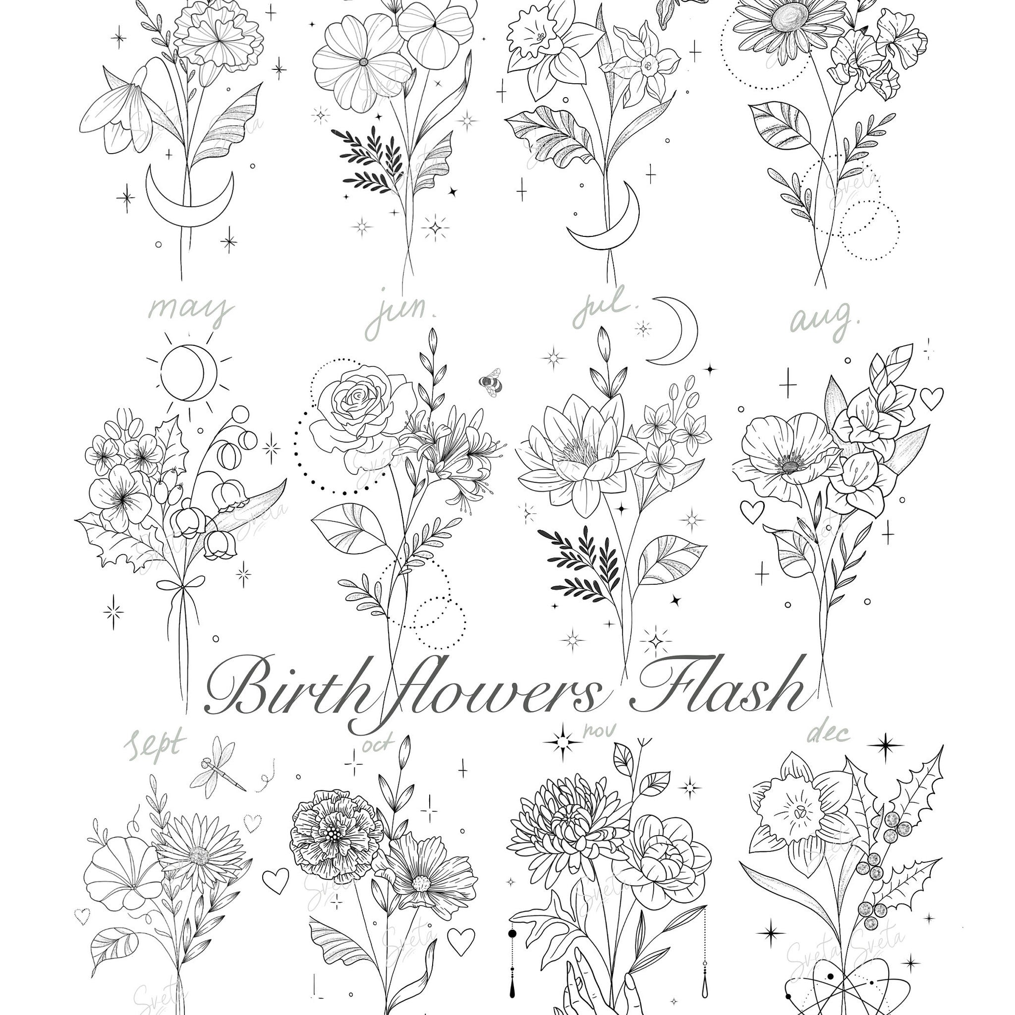 Main product view of 12 Birth Flower Tattoo Designs with Commercial License